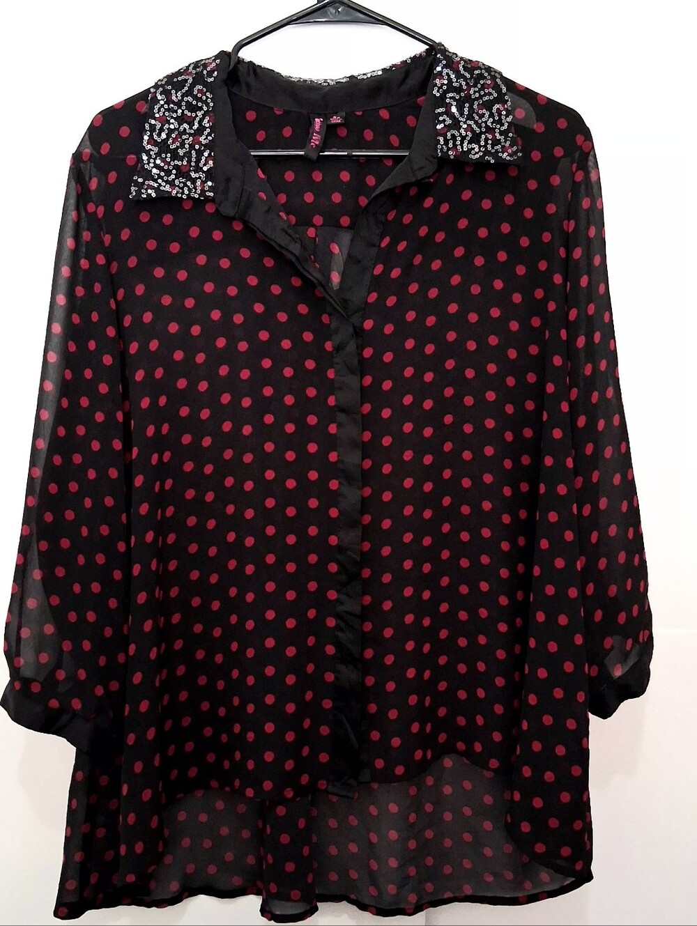 TATTOO ME Black Sheer Polka Dot Blouse with Embellished Sequins Size 2X